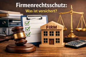 Firmenrechtsschutz Was ist versichert Beitragsbild mit Richterhammer, Waage, Checkliste und Firmengebäude