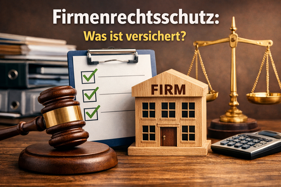 Firmenrechtsschutz Was ist versichert Beitragsbild mit Richterhammer, Waage, Checkliste und Firmengebäude