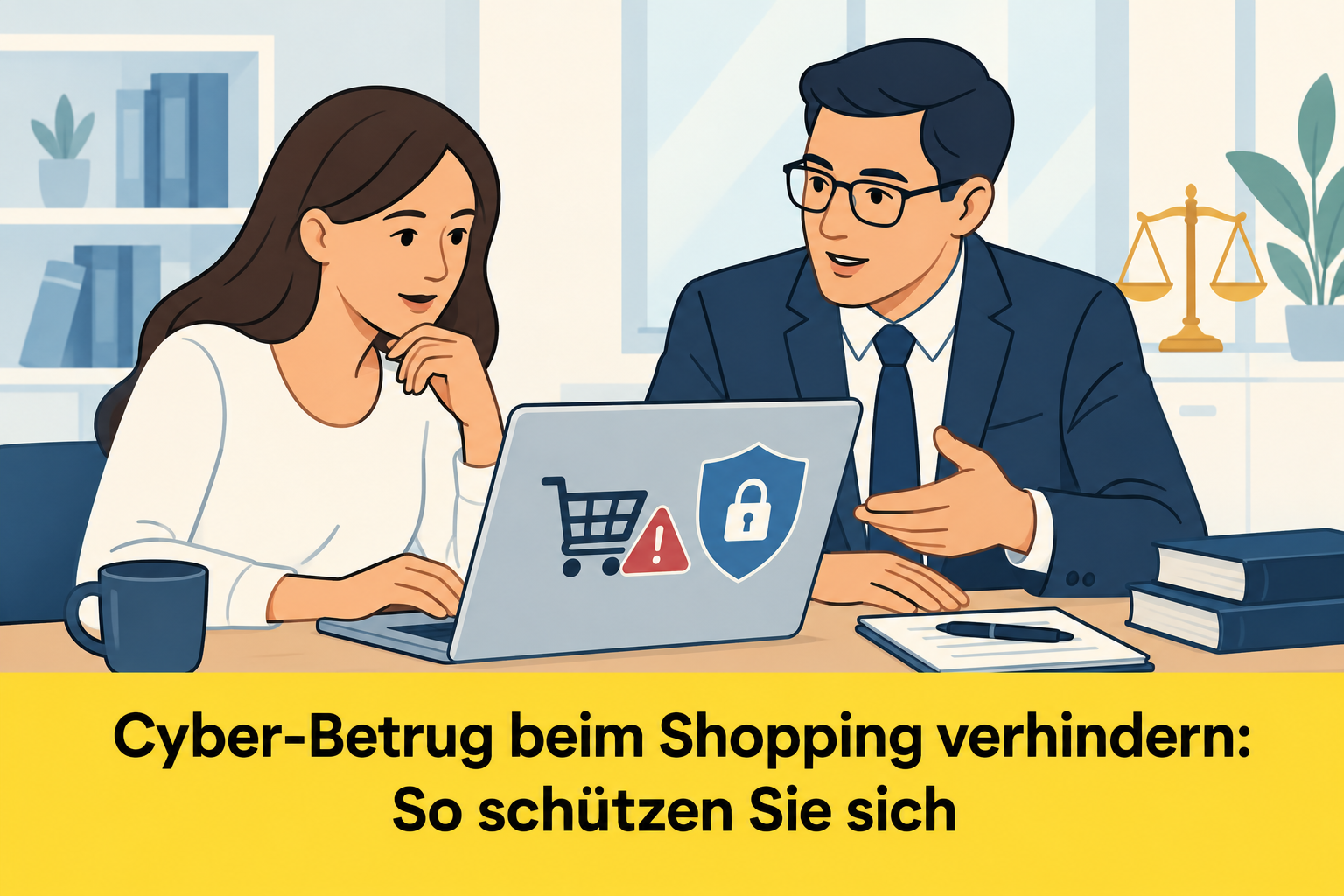 Verbraucherin informiert sich bei einem Experten über den Schutz vor Cyber-Betrug beim Online-Shopping.