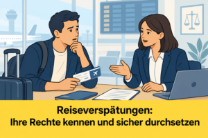 Reisender mit Koffer erhält rechtliche Beratung zu seinen Ansprüchen bei einer Reiseverspätung.
