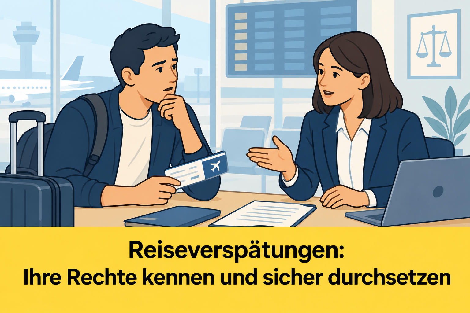Reisender mit Koffer erhält rechtliche Beratung zu seinen Ansprüchen bei einer Reiseverspätung.