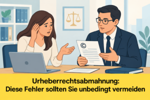 Besorgte Unternehmerin bespricht eine Urheberrechtsabmahnung mit einem Rechtsanwalt.